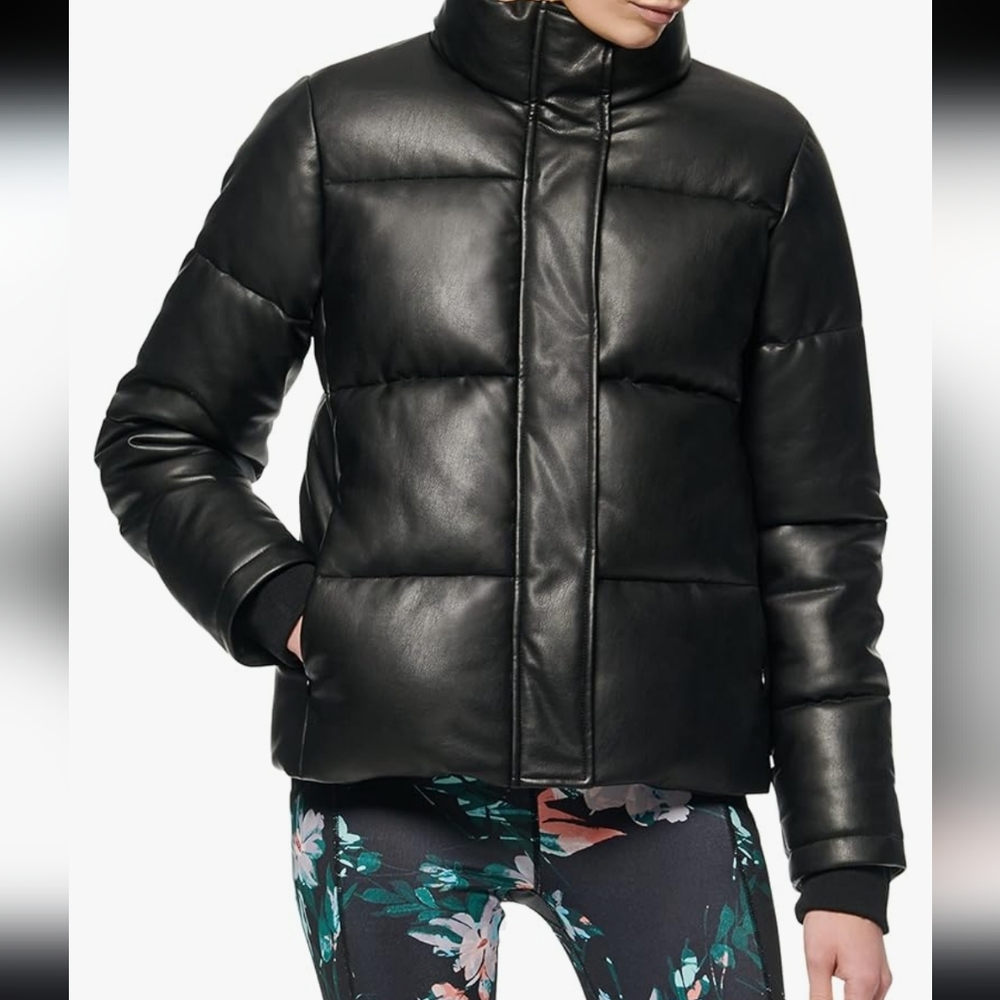 Andrew Marc Faux Leather Puffer Jacket, size L, color Black, collared